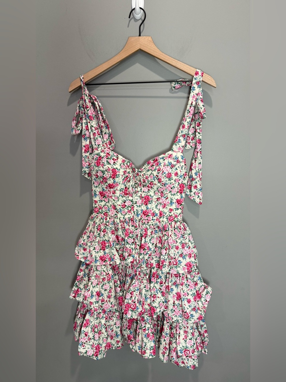 MABLE Bow Tied Shoulder Corset Tiered Mini Dress Small Floral Cottagecore